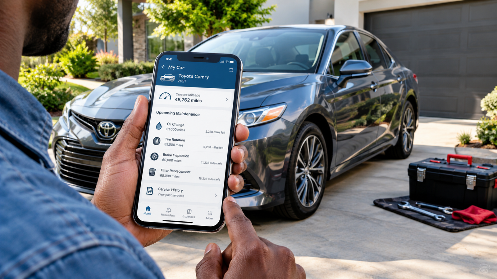 Car mileage tracking apps showing vehicle mileage and upcoming maintenance reminders