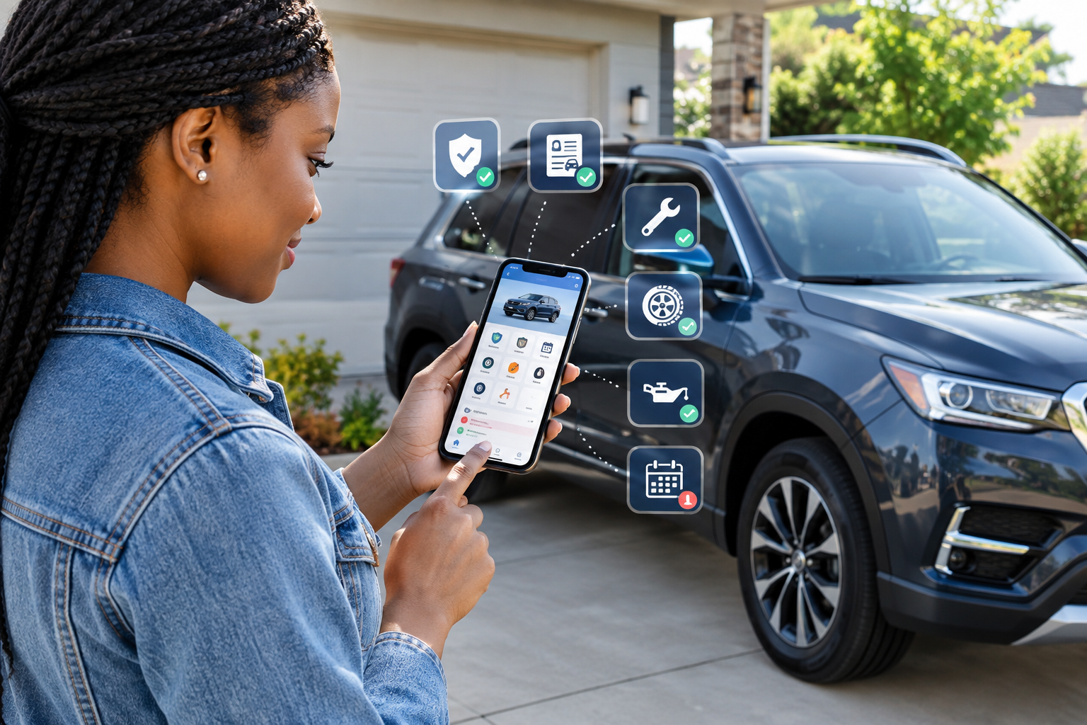 Vehicle management apps helping a car owner track insurance, registration, and maintenance reminders