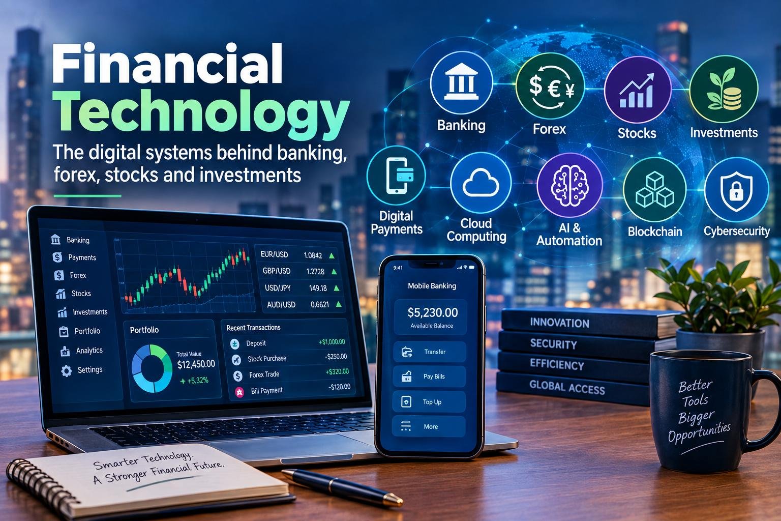 Financial technology connecting banking, forex, stocks and investments