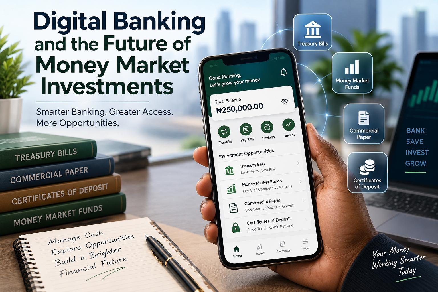 Digital banking and money market investments on a smartphone