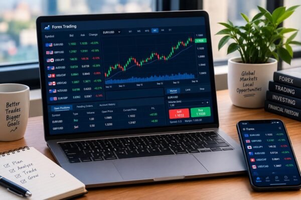 Forex trading platform showing currency pairs, live prices, charts, and trading tools
