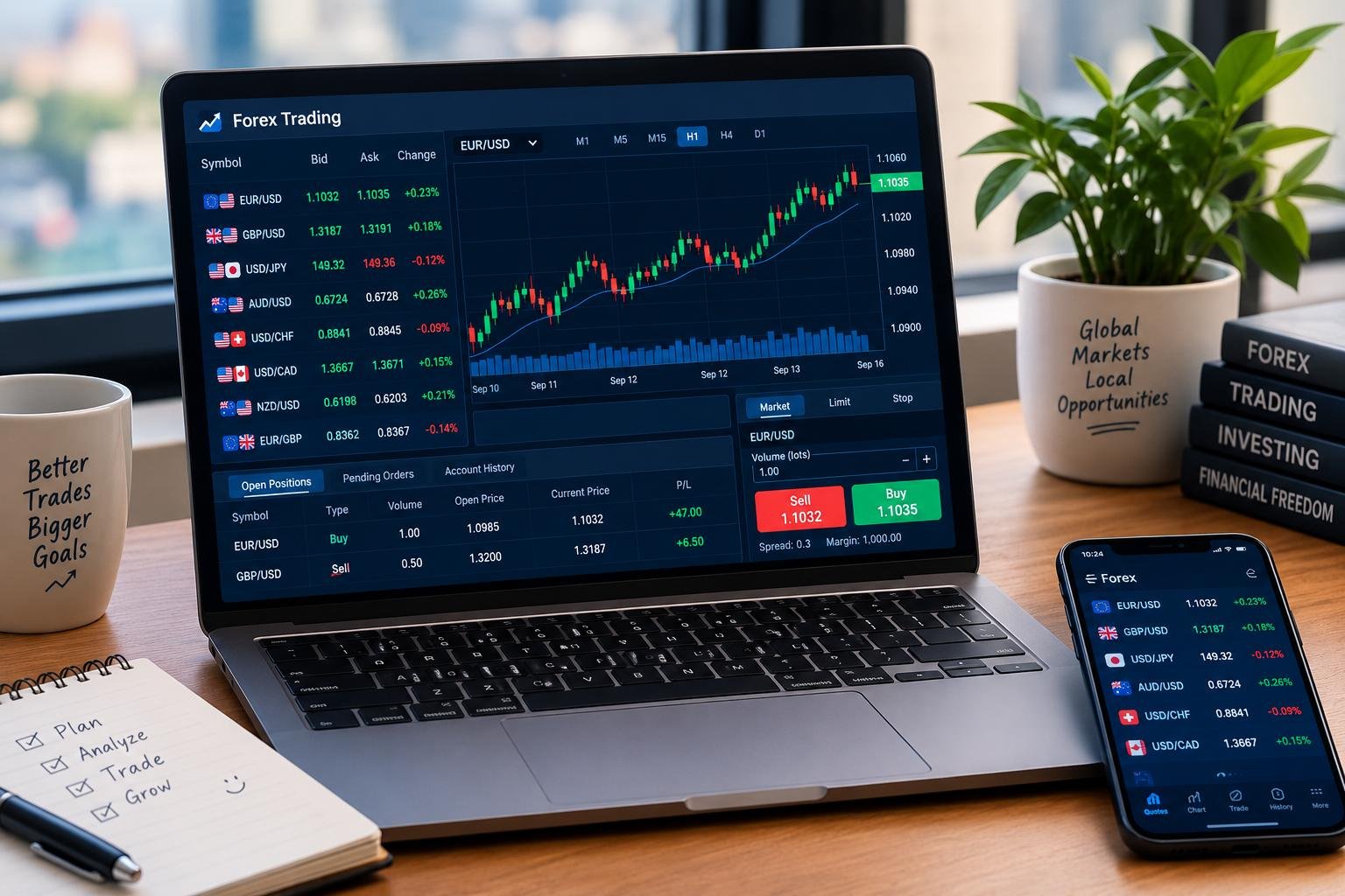 Forex trading platform showing currency pairs, live prices, charts, and trading tools