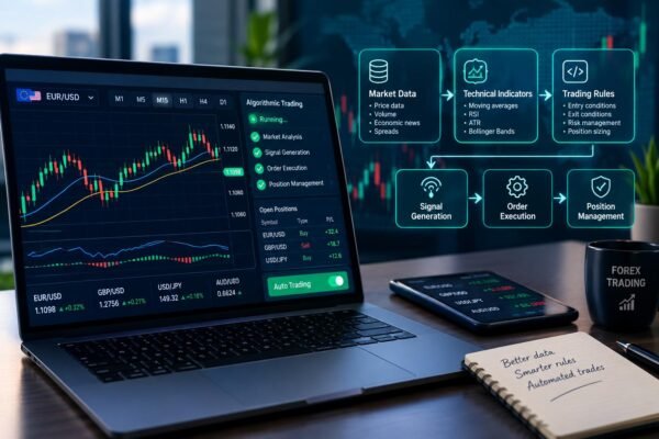 Algorithmic Forex trading system analyzing currency markets and executing automated trades