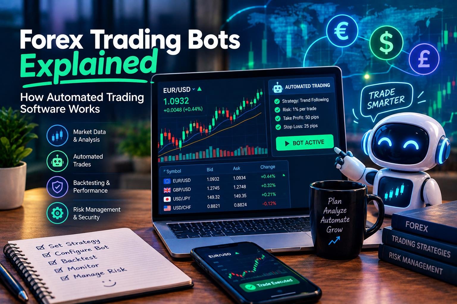 Forex Trading Bots Explained: How Automated Trading Software Works 4 Forex trading bots automating currency trading on a digital trading platform