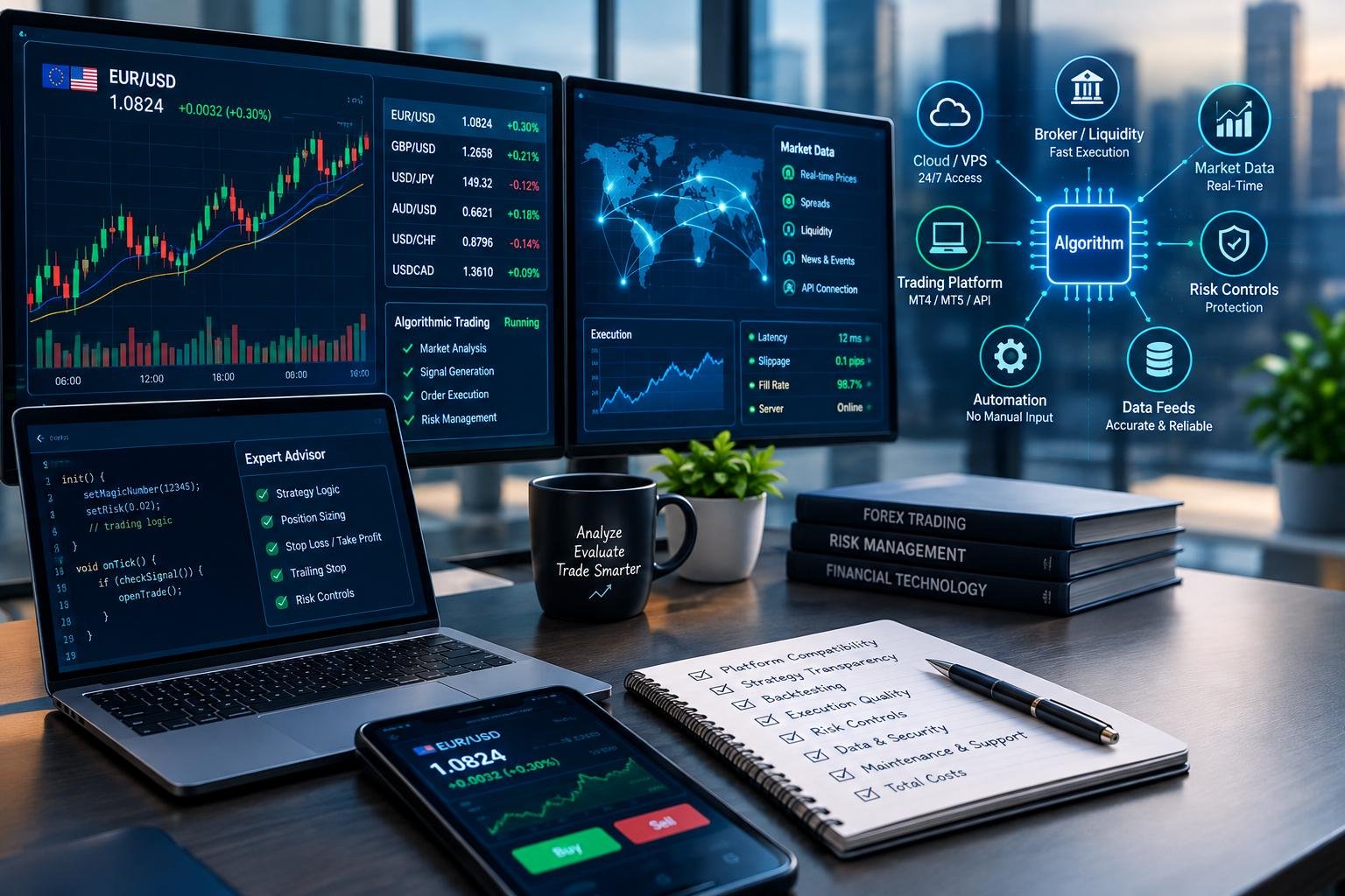 Automated Forex Trading Systems: How to Evaluate Platforms, Algorithms and Trading Tools 3 Alt: Automated forex trading system with trading charts and algorithmic technology