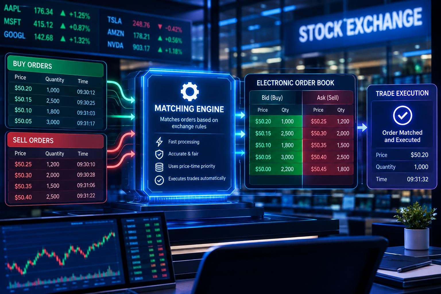 What Is a Stock Exchange Matching Engine and How Does It Work? 1 Stock exchange matching engine processing buy and sell orders
