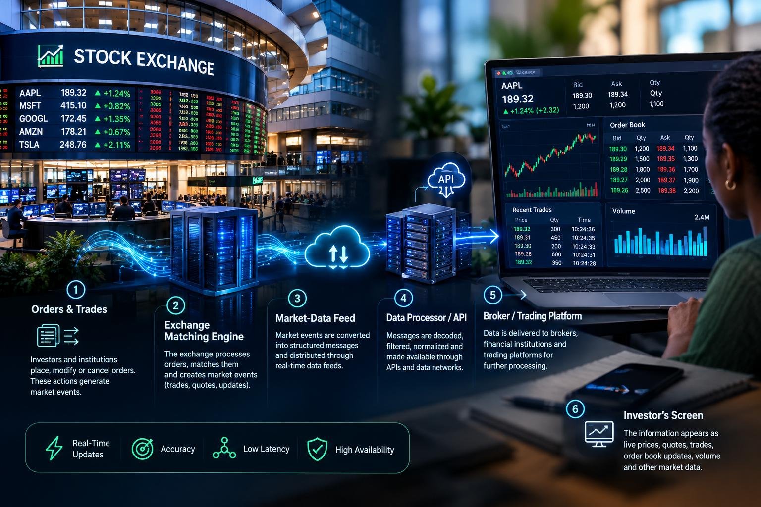 How Stock Market Data Feeds Work: Real-Time Prices, Orders and Market Information 1 Stock market data feeds delivering real-time prices, trades, and order book information