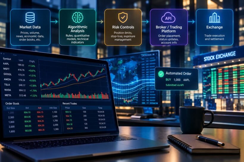 Algorithmic trading technology processing stock market data and automated orders