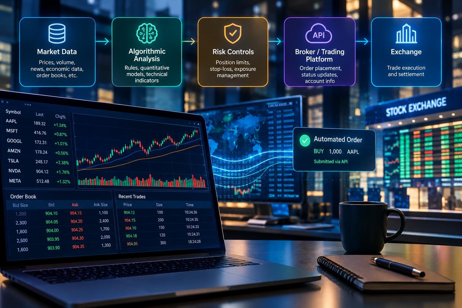 Algorithmic trading technology processing stock market data and automated orders