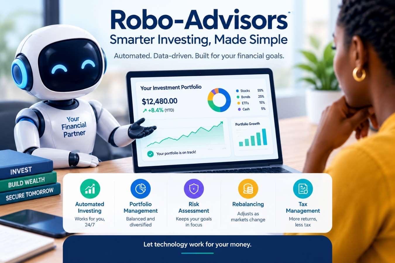 Automated investing dashboard showing robo-advisor portfolio management and asset allocation