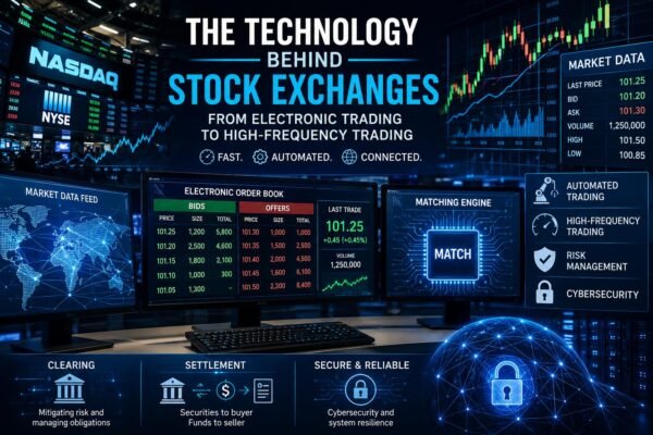 Technology behind stock exchanges with electronic trading and financial data