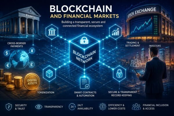 Blockchain technology connecting banks, trading and investment markets
