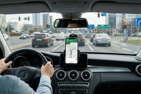 GPS navigation app features helping a driver navigate through city traffic with real-time route guidance