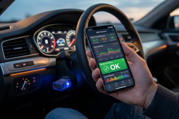 Using OBD2 emissions scanner apps to check vehicle readiness on a smartphone