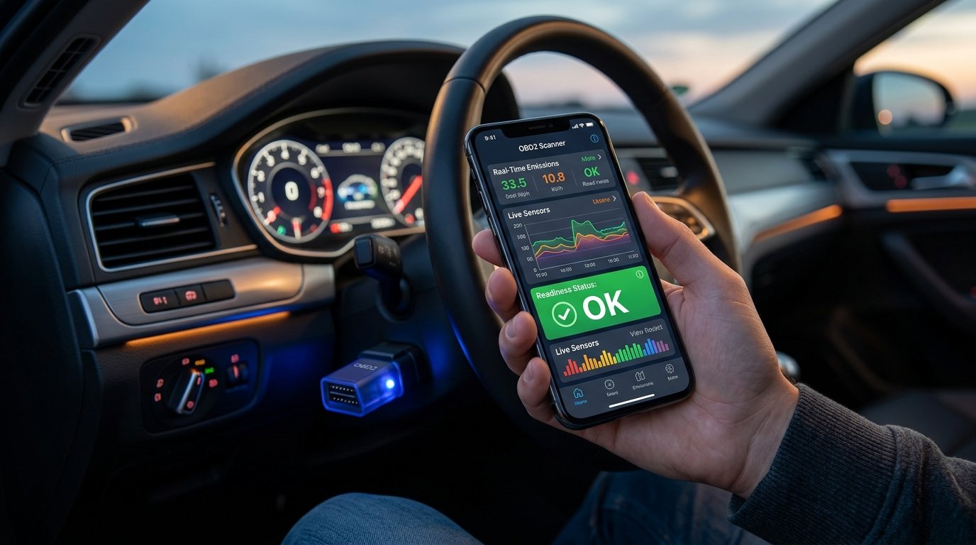 Using OBD2 emissions scanner apps to check vehicle readiness on a smartphone