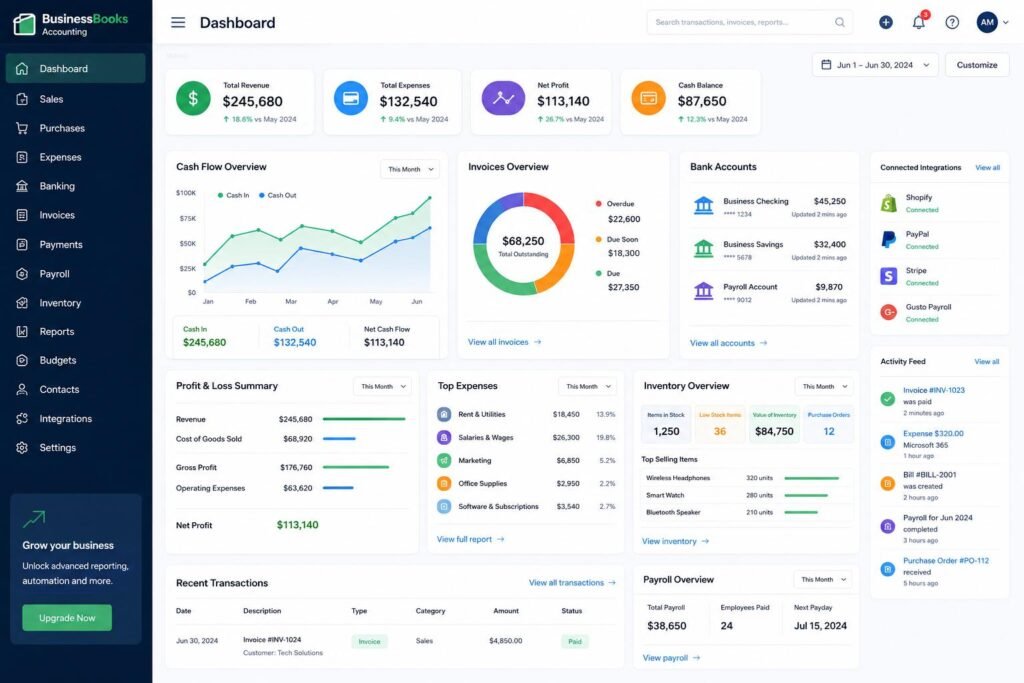 Accounting software dashboard for growing business financial management