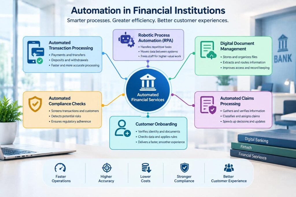 Automation in Financial Institutions: How Technology Improves Efficiency 2 Automation in financial institutions for transactions, compliance, and customer onboarding