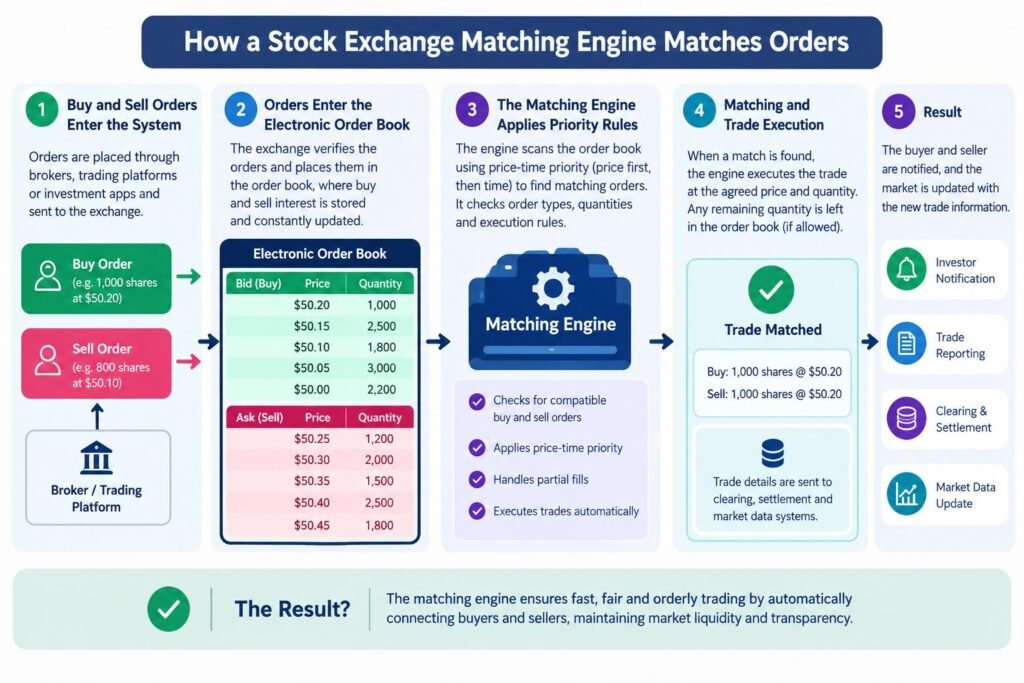 How a stock exchange matching engine matches buy and sell orders
