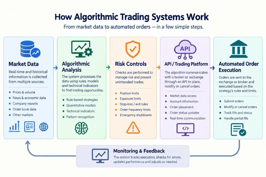 Diagram showing how algorithmic trading systems analyze data and execute stock orders through APIs
