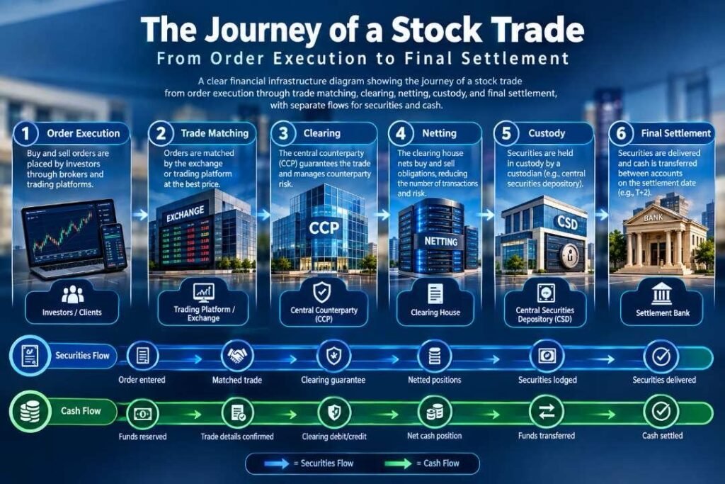 Stock clearing and settlement from trade processing to execution.
