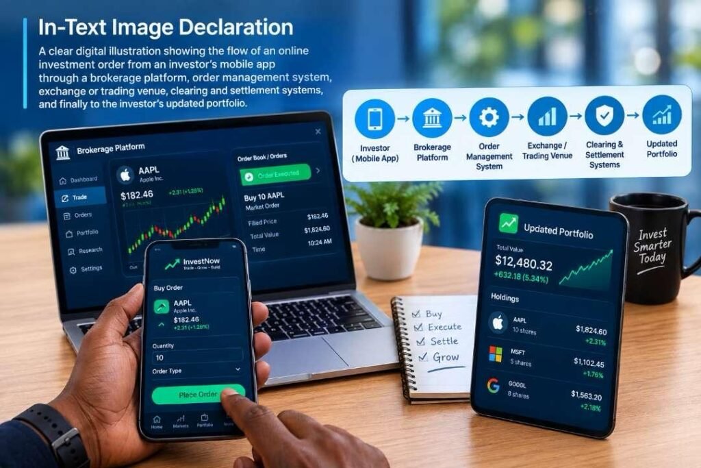 Diagram showing how an online brokerage platform connects investors to exchanges and settlement systems
