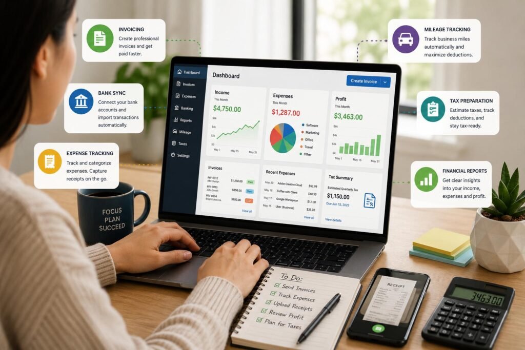 Best Accounting Software for Freelancers and Self-Employed Professionals: Features, Costs, and Tips 2 Freelancer using accounting software to manage income and expenses