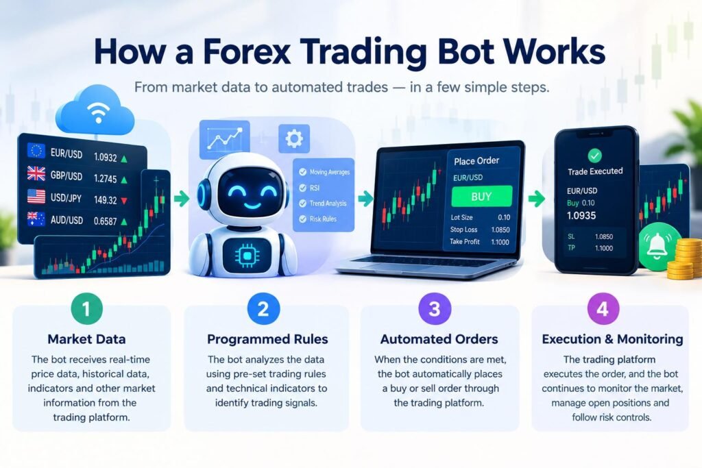 How a forex trading bots receives market data and executes automated trades