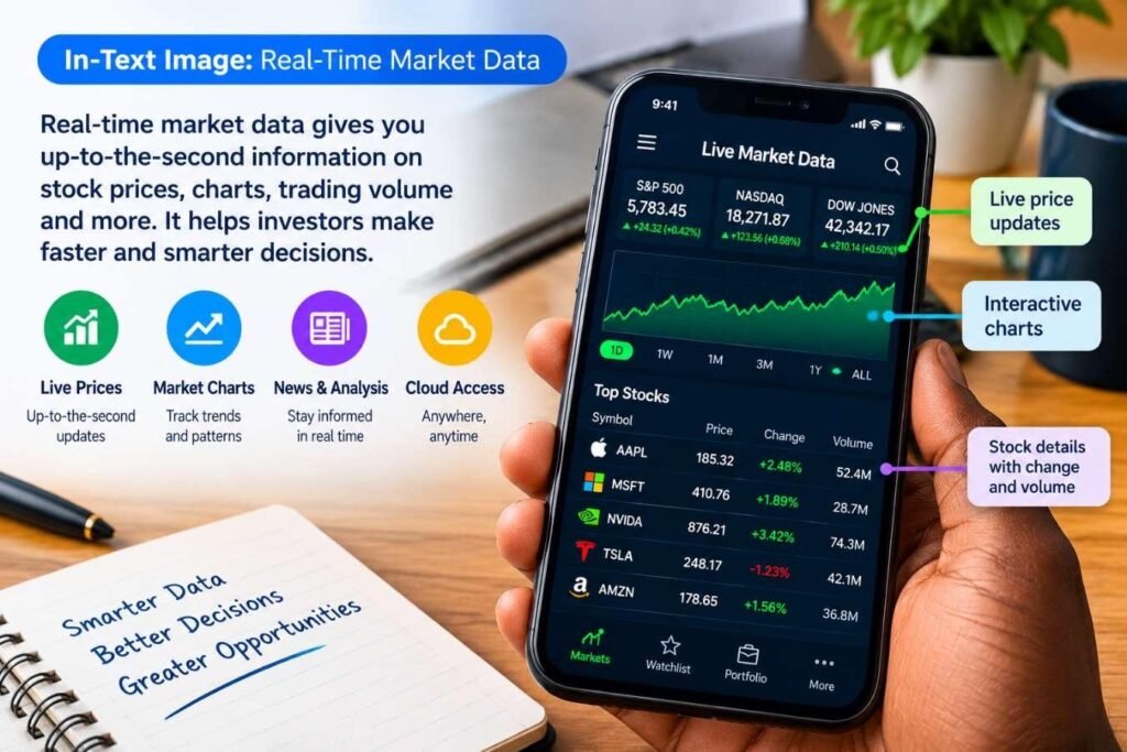 How real-time market data flows from exchanges through servers and APIs to investment apps
