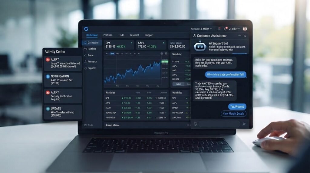 AI chatbot providing automated customer support on a brokerage platform
