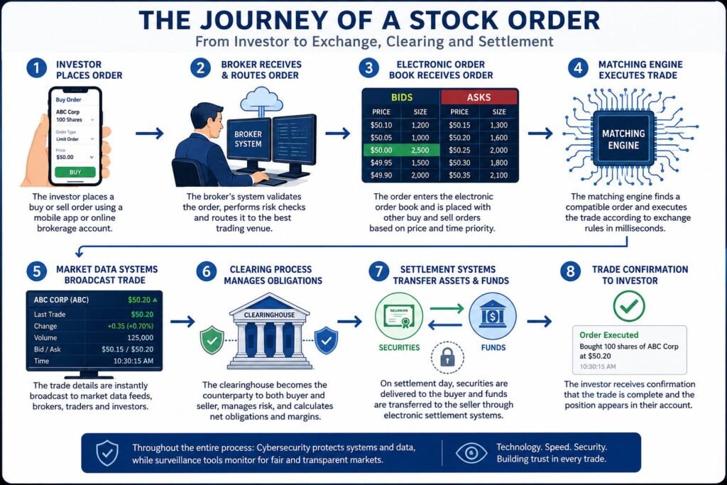 How a stock order moves from investor to exchange, clearing and settlement
