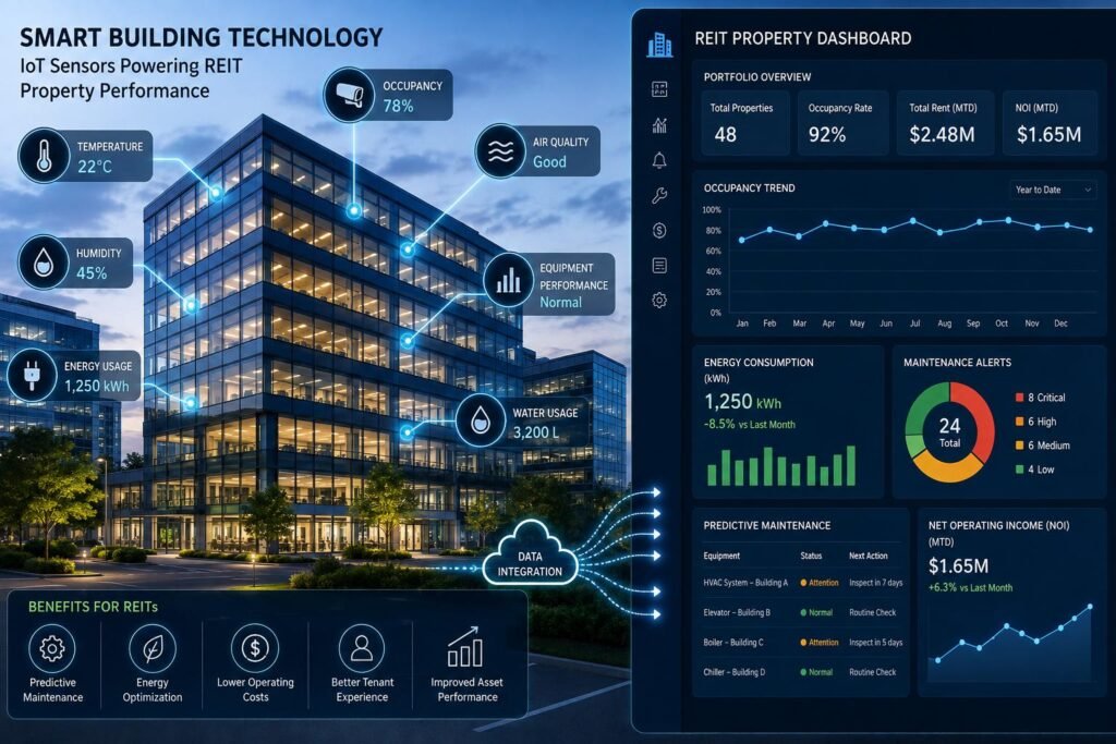 IoT sensors and smart building technology monitoring REIT property performance
