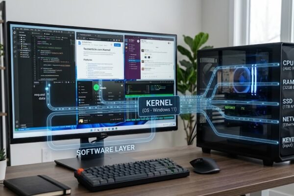 Operating system kernel connecting applications and computer hardware