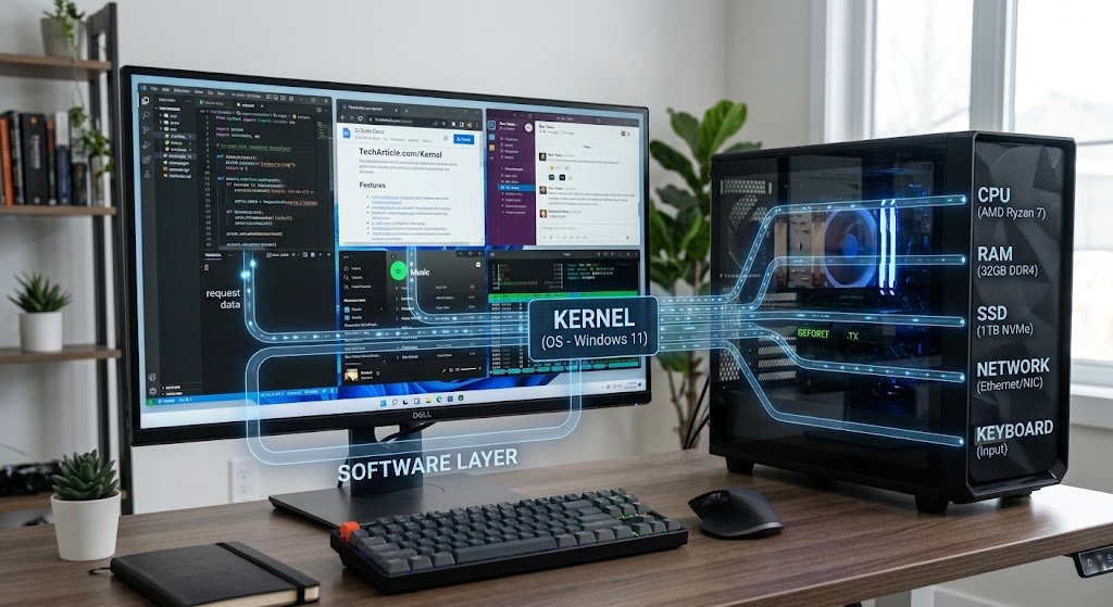 Operating system kernel connecting applications and computer hardware