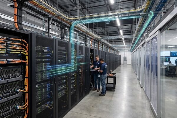 Modern cloud computing data center with connected servers and network infrastructure