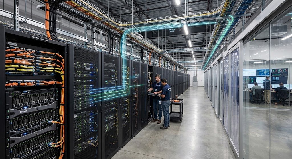 Modern cloud computing data center with connected servers and network infrastructure