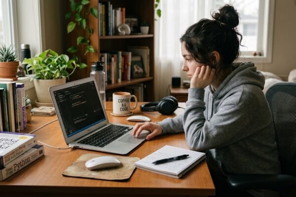 Beginner learning programming concepts on a laptop