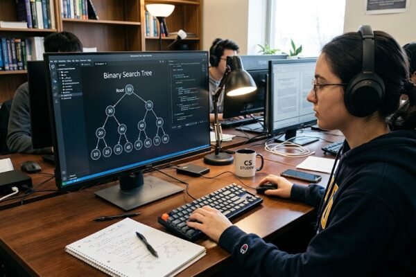 Tree data structure with root, parent, child, and leaf nodes on a computer screen