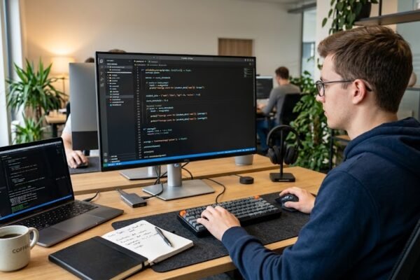 Programmer working with code and programming fundamentals