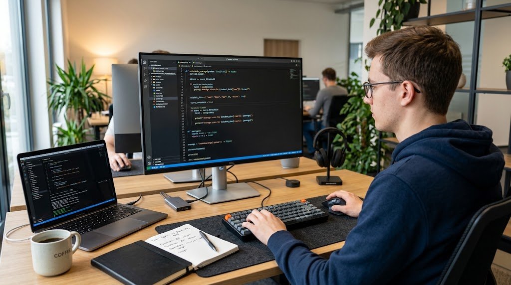 Programmer working with code and programming fundamentals