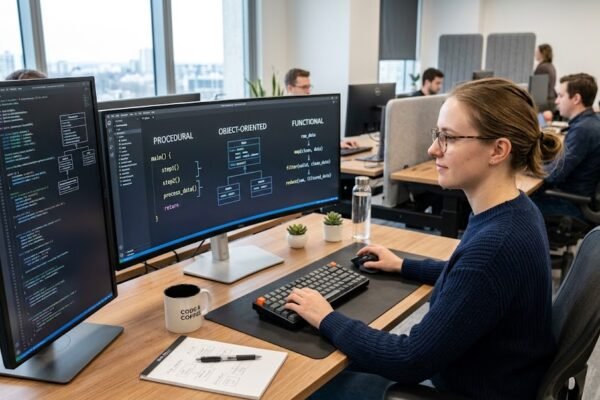Programmer working with procedural, object-oriented, and functional programming concepts