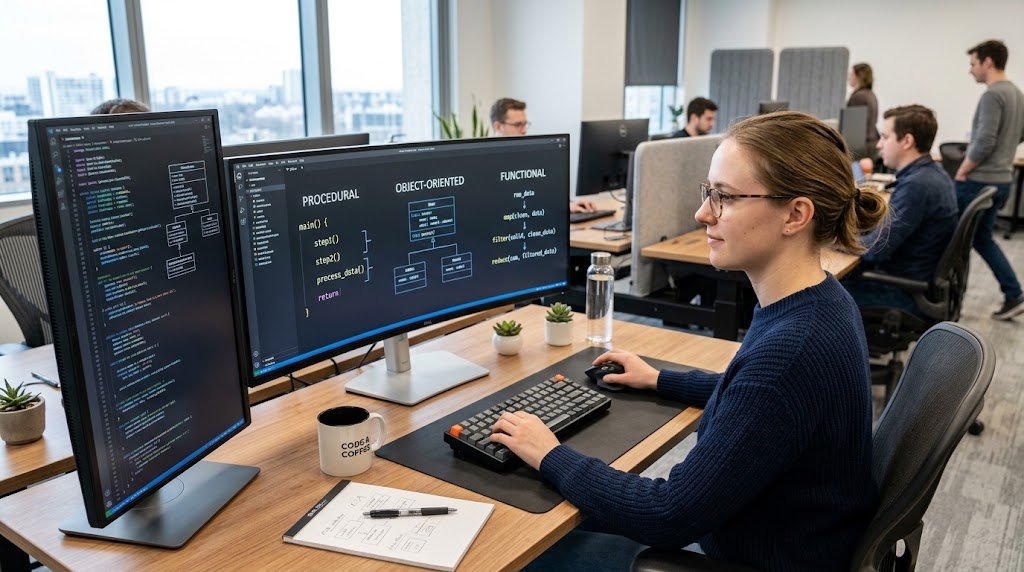 Programmer working with procedural, object-oriented, and functional programming concepts