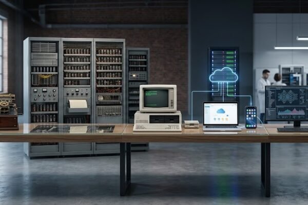 Evolution of computers from early calculating machines to artificial intelligence
