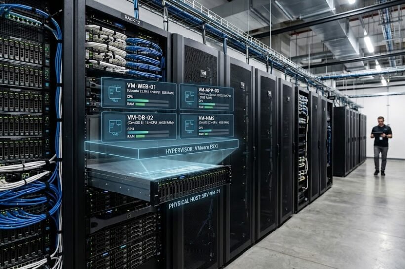 Virtual machines sharing physical server infrastructure in a data center