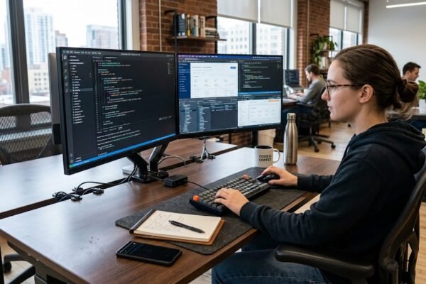 Programmer working on software code and modern digital applications