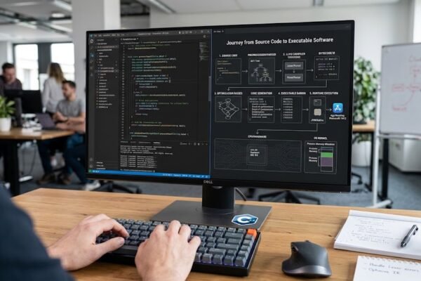 Compiled and interpreted programming code becoming executable software