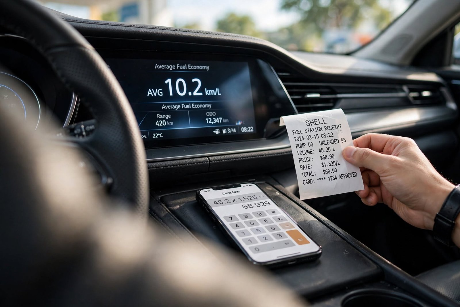 driving cost per kilometer calculation on car dashboard showing 10.2 km per liter fuel economy and fuel receipt