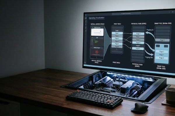 Realistic visualization of operating system memory management, virtual memory, paging and allocation