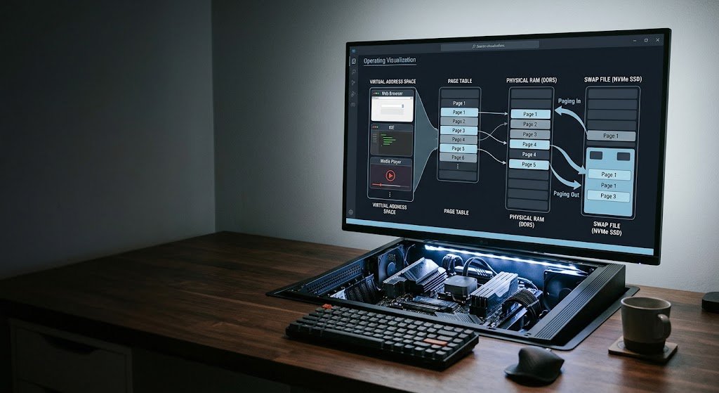 Realistic visualization of operating system memory management, virtual memory, paging and allocation