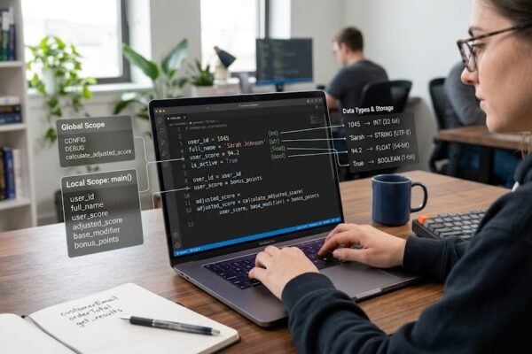Programming variables, scope, data types and expressions in source code