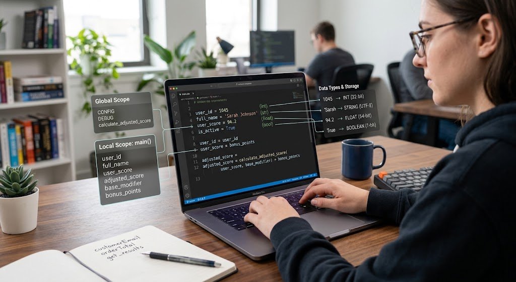 Programming variables, scope, data types and expressions in source code